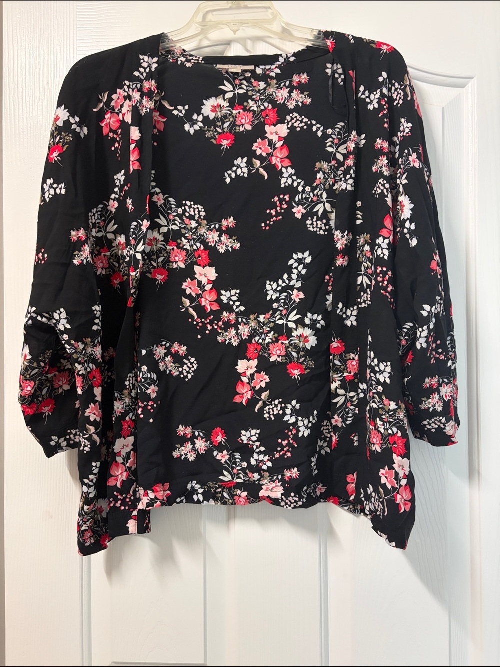LOFT Black Floral Open Front Kimono with Pink & White Blooms